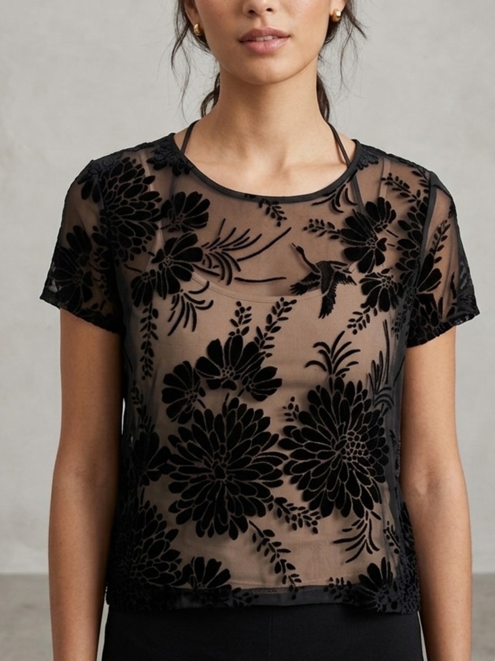 Y2K Sheer Floral Velvet Burnout Tee Shirt‎ Short Sleeve Top Size Small